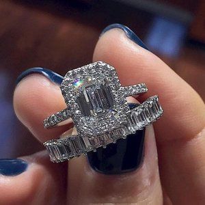 🌸Engagement Radiant CZ Micro Pave Silver Plated Wedding Ring Set, UNVN12…